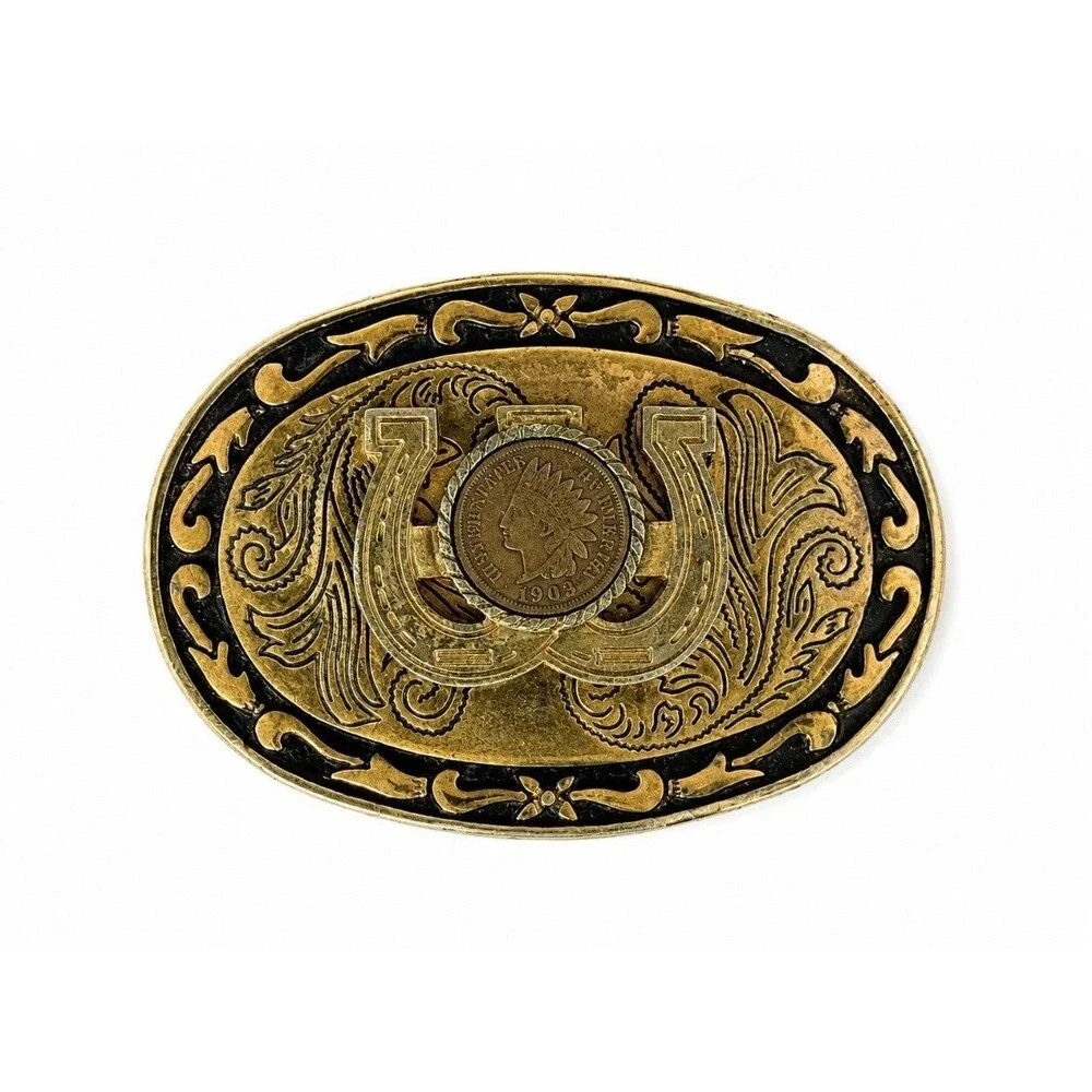 Vintage 1903 Indian Head Penny Belt Buckle Double Horseshoe Western USA Made